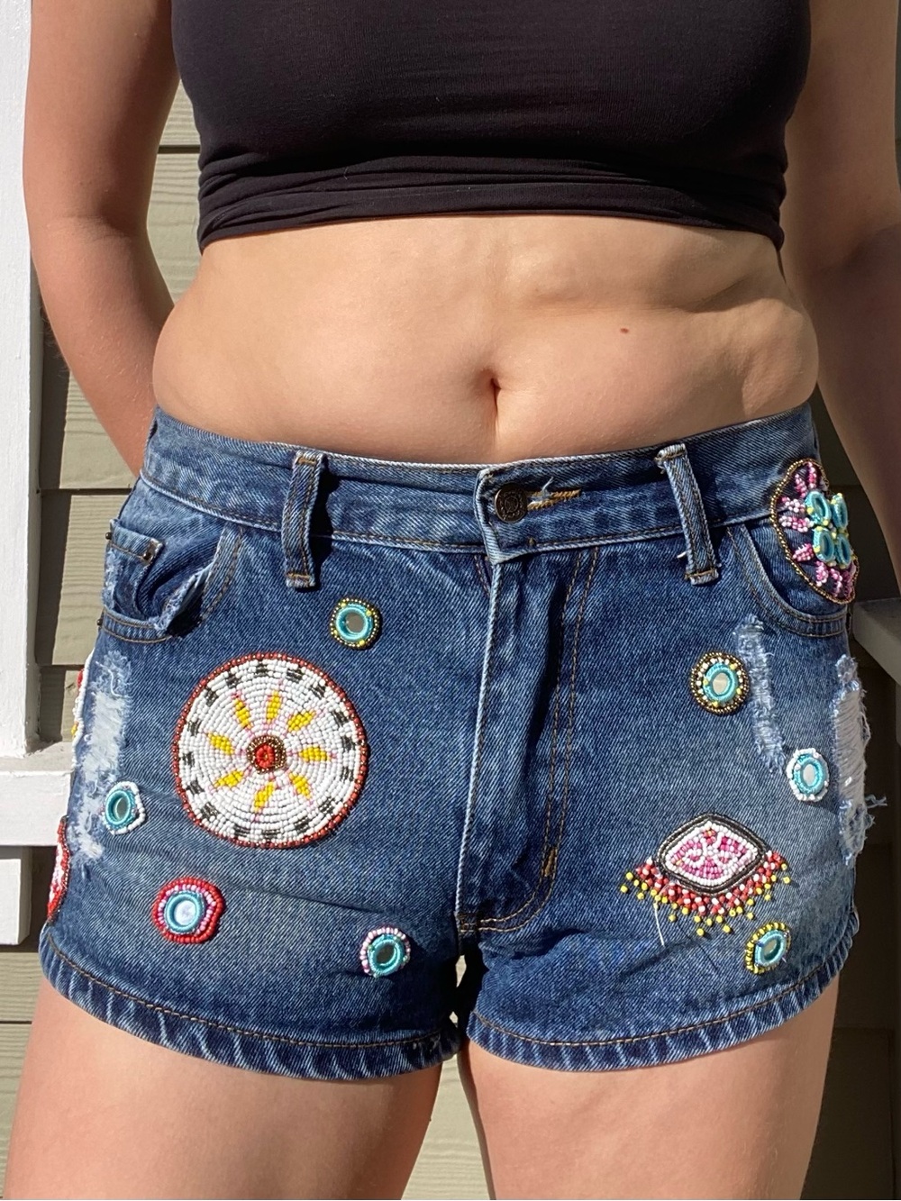 Mad Almadal Embroidered Beaded Patch Denim Bohemian Shorts